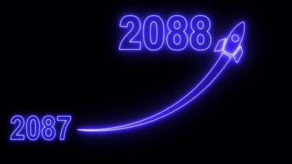 Animated numbers transitioning from 2087 to 2088 with a flying rocket on transparent background. Symbolizes future progress, new year startup goals, business plans. motion graphic 4k video