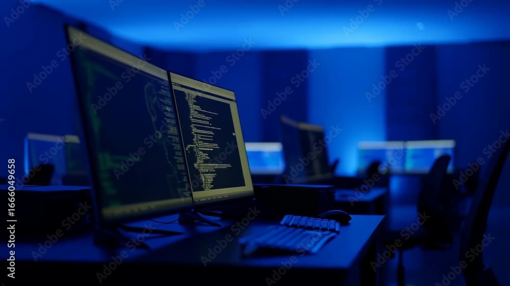 Poster empty programming office with computer monitors showing code in blue lighting
