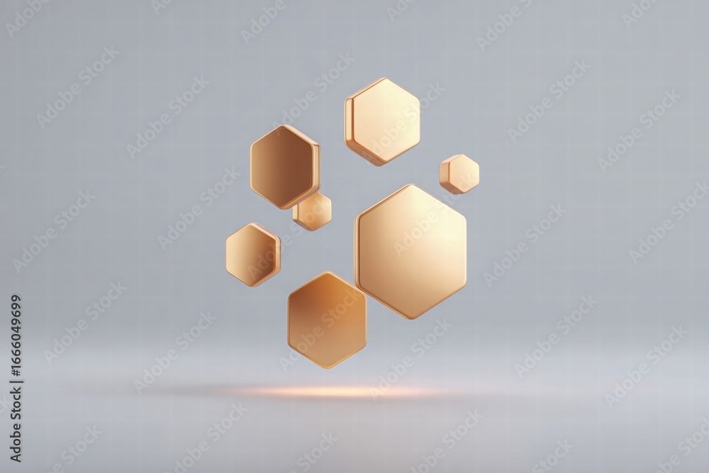 Poster golden hexagonal shapes float in an abstract and modern 3d rendering against a gray backdrop.