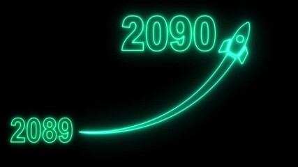 Animated numbers transitioning from 2089 to 2090 with a flying rocket on transparent background. Symbolizes future progress, new year startup goals, business plans. motion graphic 4k video
