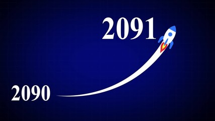Animated numbers transitioning from 2090 to 2091with a flying rocket on transparent background. Symbolizes future progress, new year startup goals, business plans. motion graphic 4k video