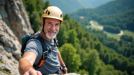 attractive elderly caucasian smiling man climber on mountain. extremal old man on stone wall. extrem jorney. active sport life. pensioner traveler rock climber climbs a rock. 4K.
