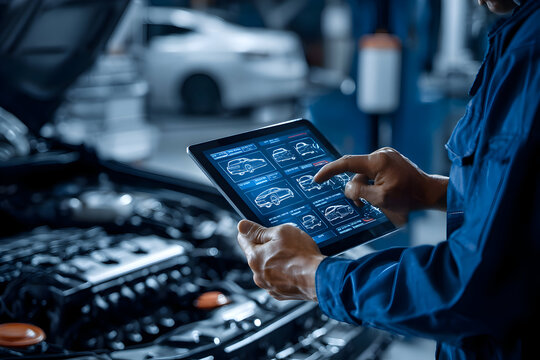 Mechanic using tablet with car diagrams in auto repair shop with open car hood in the background