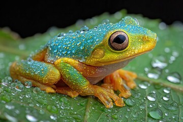 Obraz premium A vibrant green and blue frog sits on a leaf covered in water droplets. The frog has bright orange legs and large, expressive eyes.