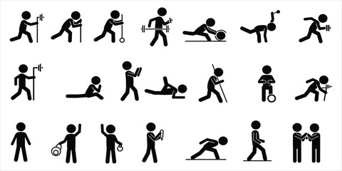 Stick figure fitness and exercise icons with various activities and equipment workout health