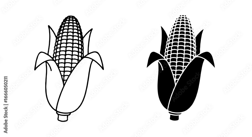 Poster single vector icon of a corn cob with husk | includes a thin line art version next to a matching sil