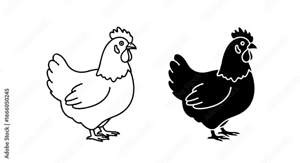 Aufkleber single vector icon of a chicken | includes a thin line art version next to a matching silhouette ver