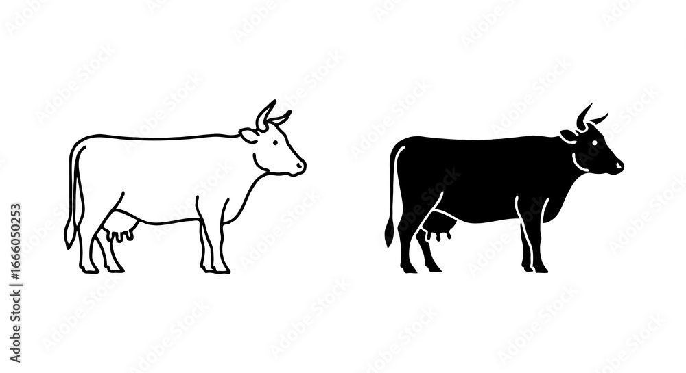 Poster single vector icon of a cow representing livestock | includes a thin line art version next to a matc