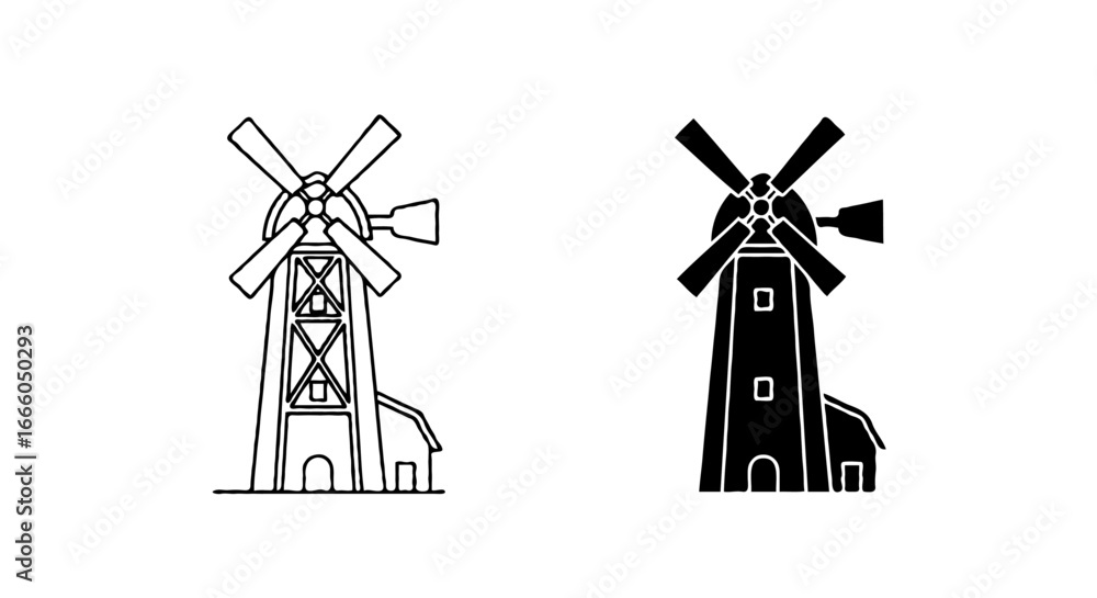 Aufkleber single vector icon of a classic farm windmill | includes a thin line art version next to a matching 