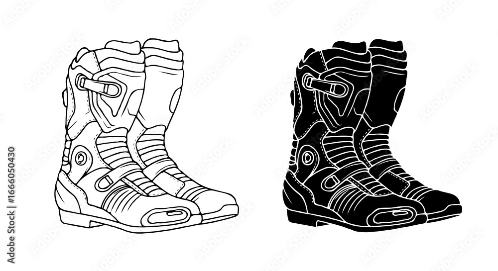 Aufkleber single vector icon of motogp racing boots | includes a thin line art version next to a matching silh
