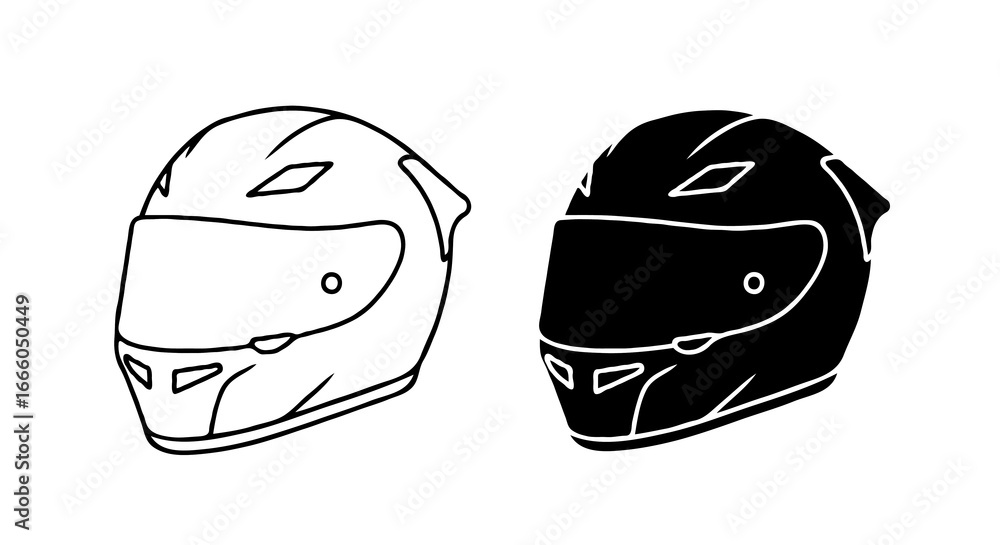 Poster single vector icon of a motogp helmet with visor | includes a thin line art version next to a matchi