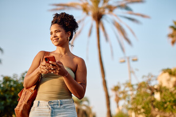 Young woman using mobile phone in Los Angeles with palm trees in the background during summer vacation