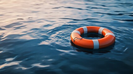 Orange lifebuoy floating on tranquil water with symbolizing safety and rescue.