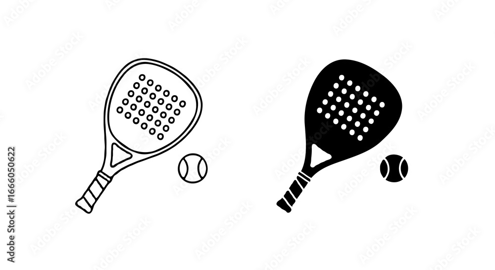 Aufkleber single vector icon of a padel racket hitting a ball | includes a thin line art version next to a mat