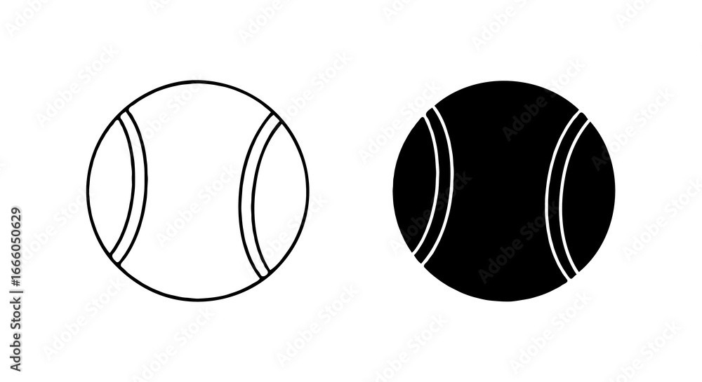 Poster single vector icon of a padel ball | includes a thin line art version next to a matching silhouette 