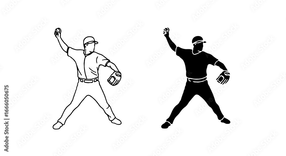 Poster single vector icon of a baseball pitcher throwing ball | includes a thin line art version next to a 