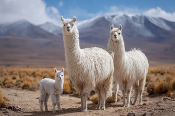 Fototapeta premium Three white llamas stand in a grassy field with mountains in the background. The adult llamas are tall and fluffy, while the baby llama is small and playful.