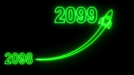 Animated numbers transitioning from 2098 to 2099 with a flying rocket on transparent background. Symbolizes future progress, new year startup goals, business plans. motion graphic 4k video