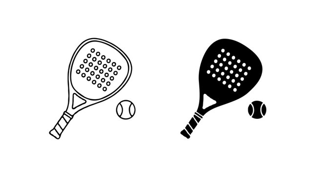 Single vector icon of a padel racket hitting a ball | Includes a thin line art version next to a matching silhouette version. Minimal, clean, monochrome, isolated on white background, flat vector