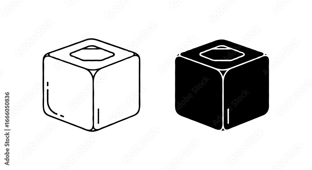 Poster single vector icon of a cube of billiard chalk | includes a thin line art version next to a matching