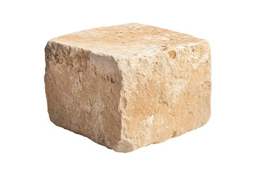Rough textured stone block isolated on transparent background. Square beige stone block with a rough textured surface isolated on white background.