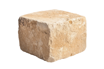 Rough textured stone block isolated on transparent background. Square beige stone block with a rough textured surface isolated on white background.