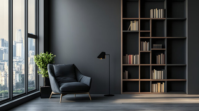 Modern interior design of a living room with bookshelves and chairs against a gray wall background. Interior background illustration.