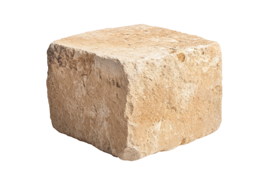Rough textured stone block isolated on transparent background. Square beige stone block with a rough textured surface isolated on white background.