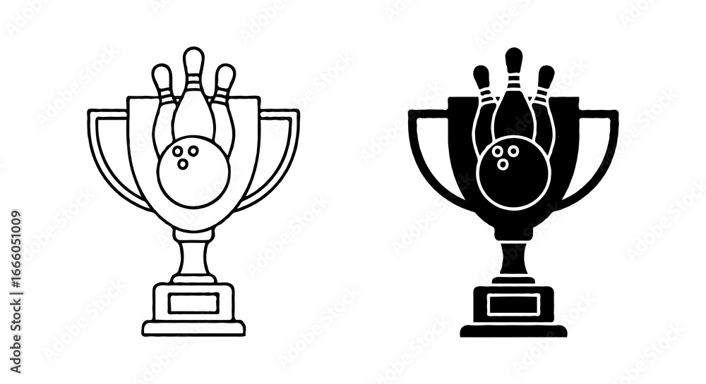 Poster single vector icon of a bowling trophy with ball and pins design | includes a thin line art version 