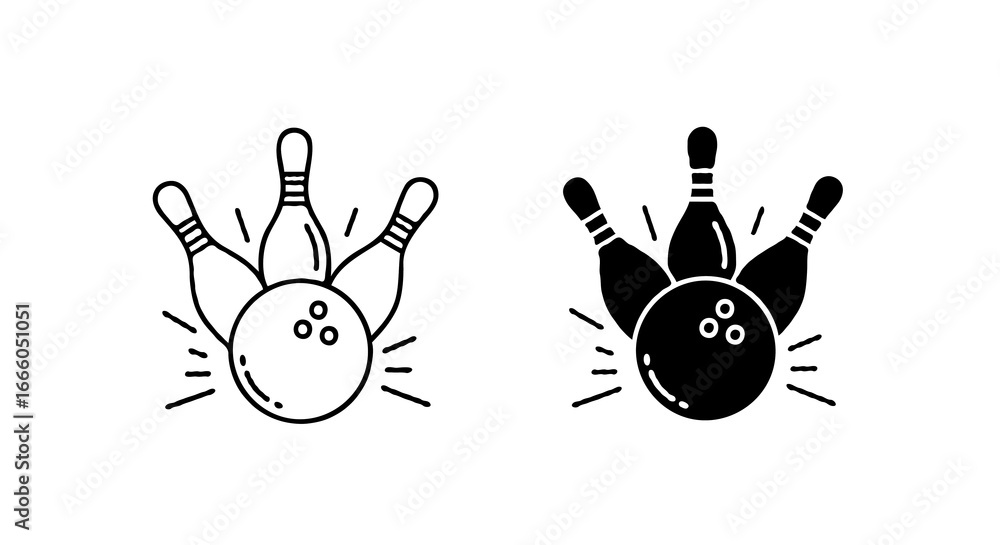Poster single vector icon of a bowling ball hitting three pins | includes a thin line art version next to a