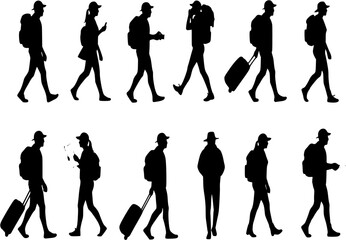Fototapeta premium Traveling tourist, male and female activity silhouette. Good use for symbol, logo, web icon, game elements, mascot, or any design you want. Easy to use