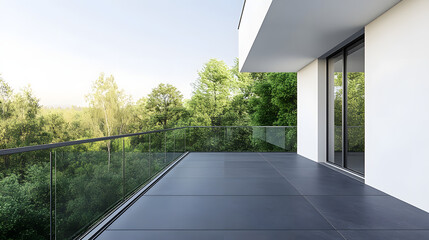 A modern home balcony with a glass railing and green trees and a forest view. Illustration of a home's exterior design.
