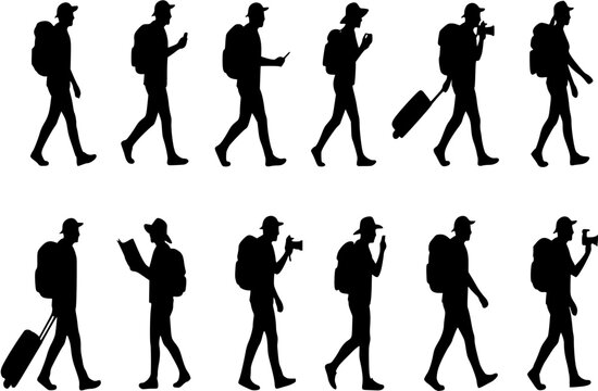 Traveling tourist, male and female activity silhouette. Good use for symbol, logo, web icon, game elements, mascot, or any design you want. Easy to use