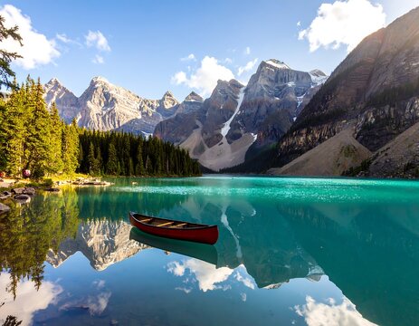 Serene alpine lake with a red canoe