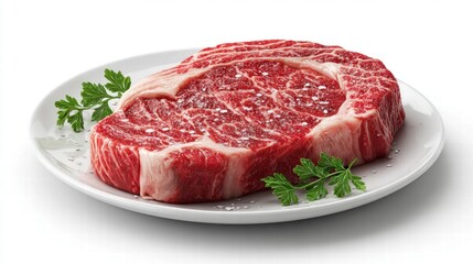 A mouthwatering raw ribeye steak is presented on a white plate, ready for cooking or display.
