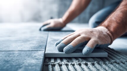 Skilled craftsman laying ceramic tiles on a freshly prepared floor surface.
