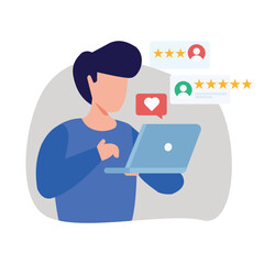 A person is looking at reviews on their laptop. The product is great, customer-friendly, has a five-star rating, and the customers are enthusiastic.