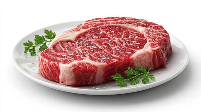 A mouthwatering raw ribeye steak is presented on a white plate, ready for cooking or display.