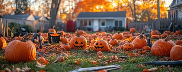 Obraz premium Festive halloween pumpkin patch display on a lawn with autumn leaves at golden hour