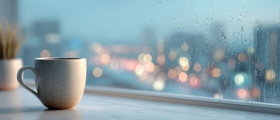 Ceramic mug by rainy window with city lights background