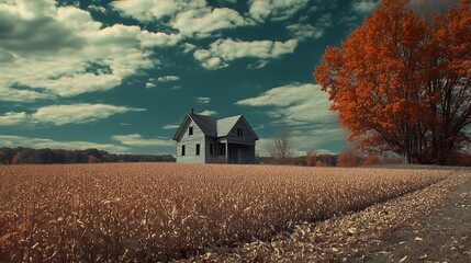 Rustic farmhouse amidst vibrant autumn field under dramatic cloudy sky.