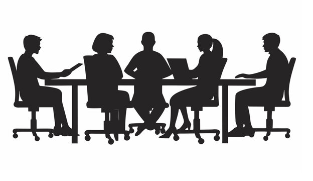 Silhouette illustration of five people sitting around a table in a meeting or conference setting