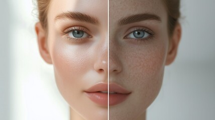 Comparison of beauty features showcasing two different makeup styles on a model's face in a bright setting