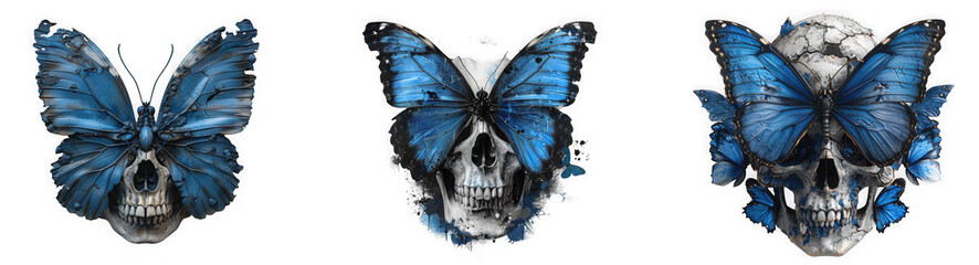 Skull adorned with blue butterfly wings, a gothic and dark art illustration isolated on transparent background, symbolizing death and transformation