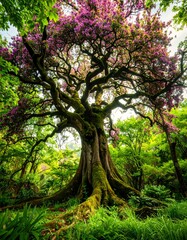 Obraz premium A majestic ancient tree, adorned with vibrant purple blossoms, stands tall in a lush, green forest, its roots spreading wide.