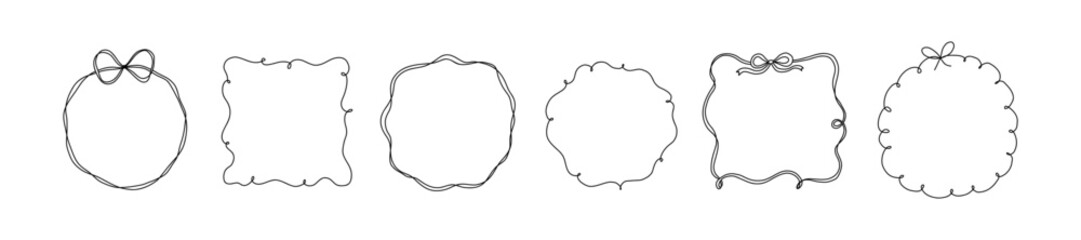 Set of whimsical wavy ribbon circle frames with bows. Cute line doodle drawings. Round hand drawn vintage border for wedding, birthday, Christmas, menu design and cards. Coquette flirting girly style