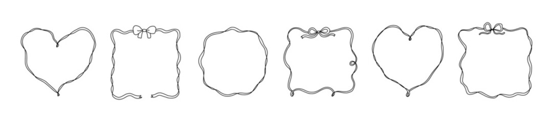 Set of elegant whimsical hand drawn frames with wavy squiggle curly ribbon and bow in trendy, vintage retro styles. Perfect for wedding, birthday or party invitations or greeting card decor