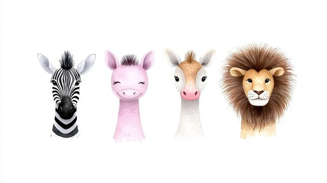 Africa watercolor savanna zebra ostrich and lion anim. African wildlife fauna in aquarelle grassland illustration equine big cat flightless bird creature beast painting nature
