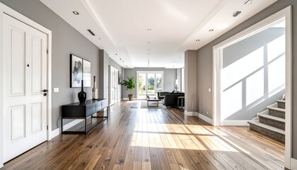 Fototapeta premium Sunlit Hallway in Modern Home with Gray Walls and Hardwood Floors