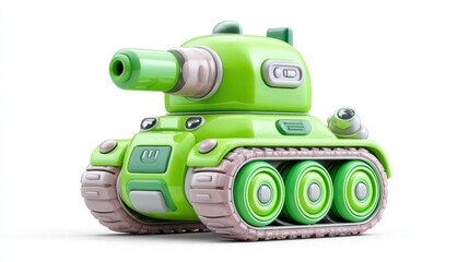 A green toy tank isolated on white, perfect for fun and playful projects.